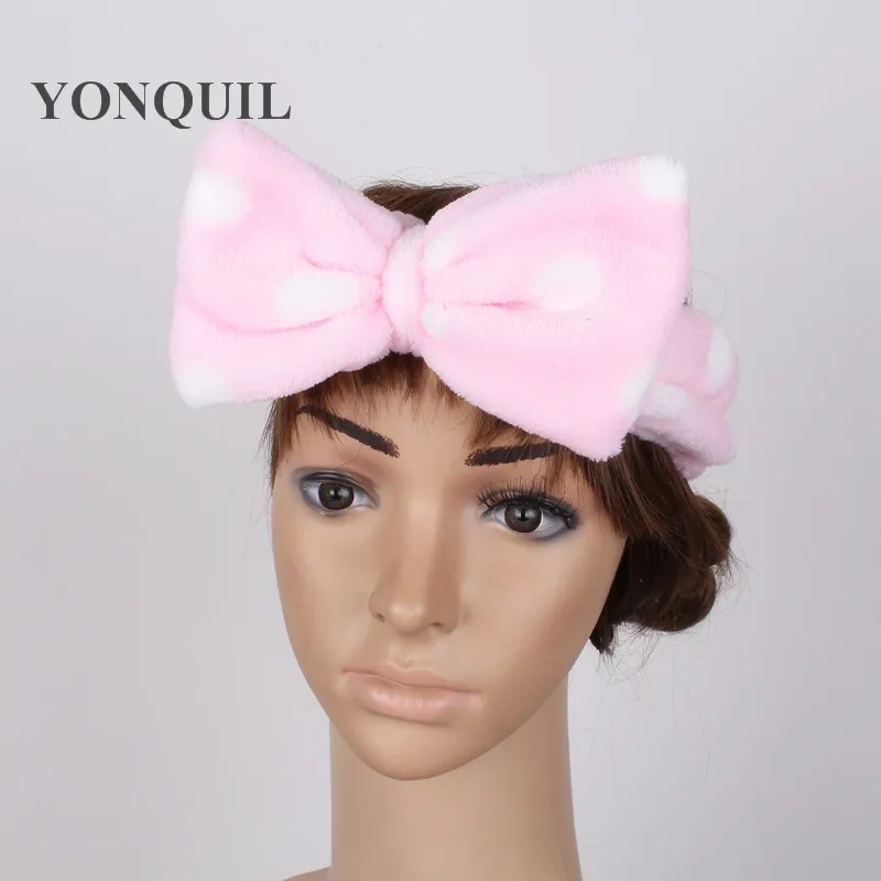 

Womens Big Bow Polka Dot Stripe Headbands Elastic Hair Coral Velvet Bath Beauty Shower Hairband Wash Face Makeup Band 12pcs/lot
