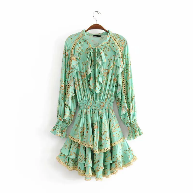 Bellflower Gypsy Playdress платье летнее платье с длинными рукавами мини-Женские платья из вискозы SEI Separty Boho платье Vestidos Rode - Цвет: Зеленый