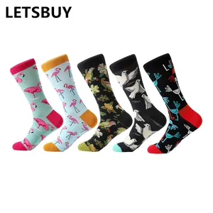 LETSBUY5 паралот, мужские Мультяшные хлопковые носки с изображением животных, птиц, цветов, цветные длинные носки, забавные носки для мужчин, повседневные носки для свадьбы, gif