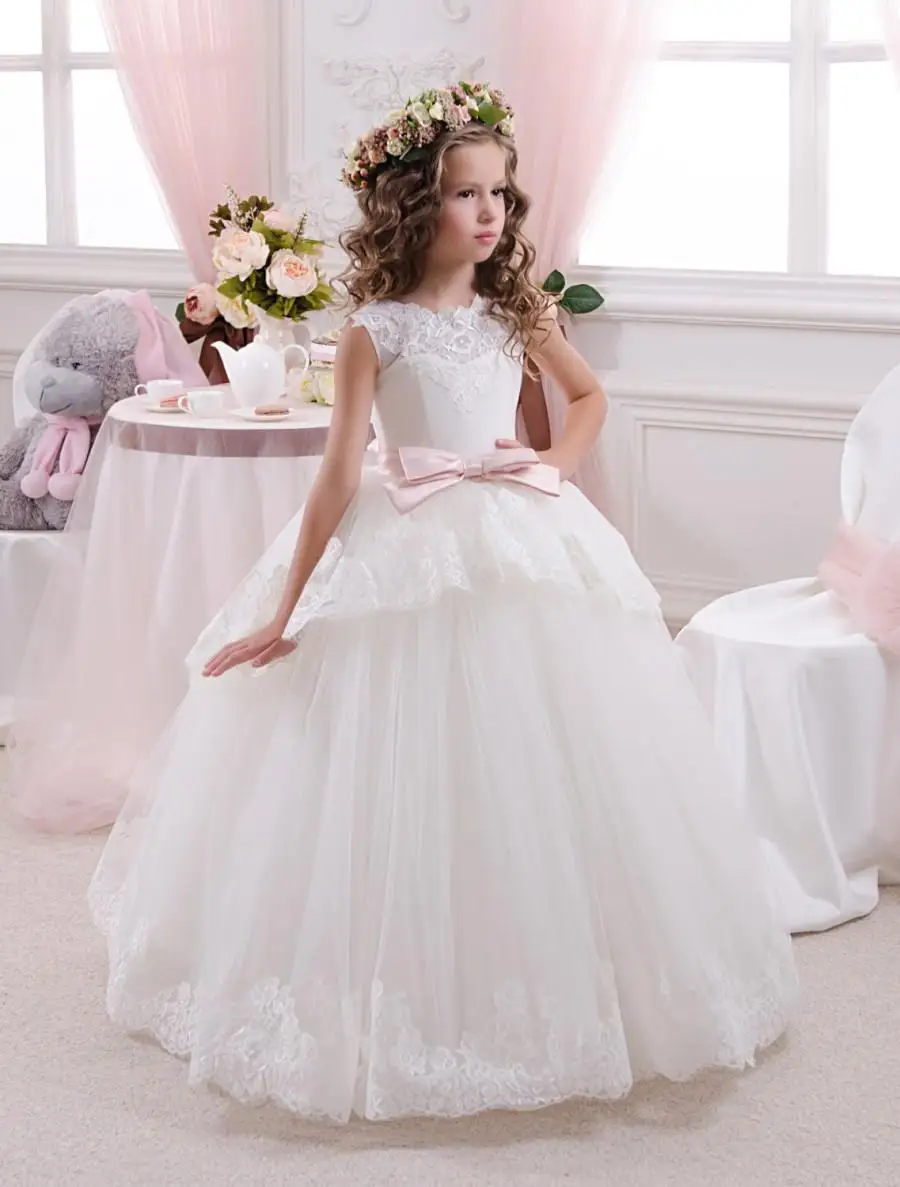 New Vestidos Primera Sleeveless Lace Up First Communion Dresses  Bow Mesh Fashionable Open V-back Ball Gowns Little Girls 2018