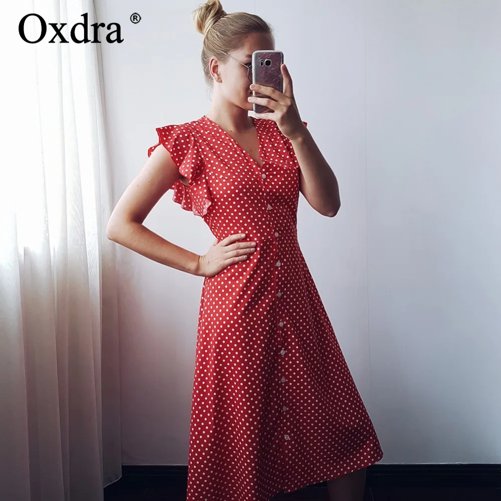 Oxdra женские платья 2018 летние новые популярные в горошек с оборками на пуговицах