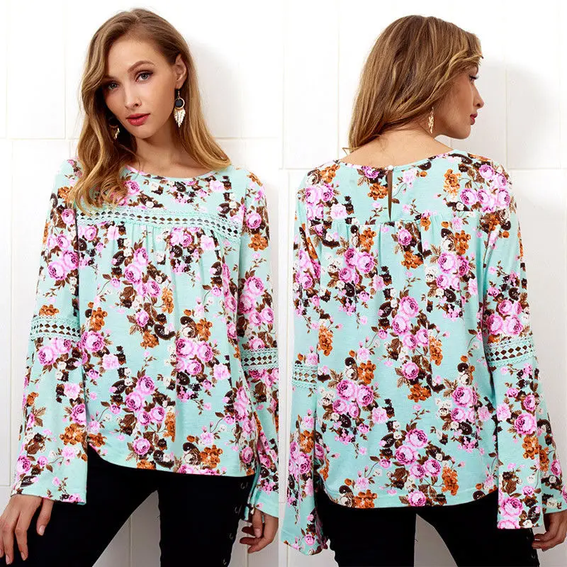 Женская блузка с длинным рукавом летняя Свободная цветочным принтом | одежда