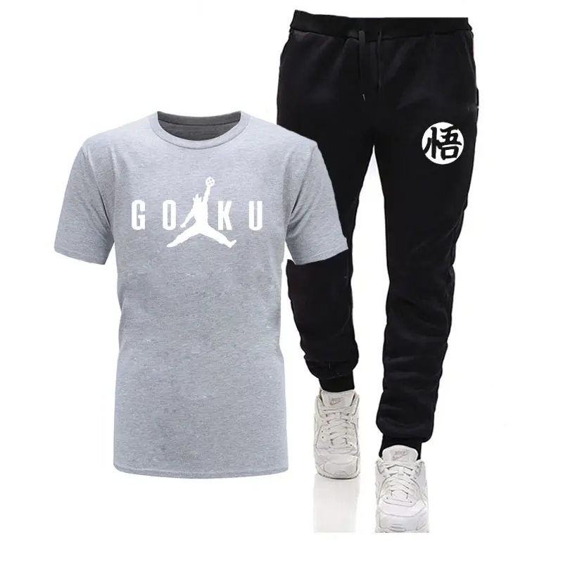 gray black Лето, Dragon Ball Z, мужские футболки+ штаны, 2 предмета,, хлопок, удобная футболка с коротким рукавом, мужские повседневные топы и штаны - Цвет: gray black