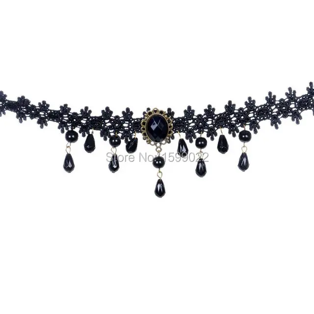 Woman Lace Statement Choker Necklace Vintage Beaded Water Drop Pendants Jewerly Black False Collar Costume Accessories | Украшения и