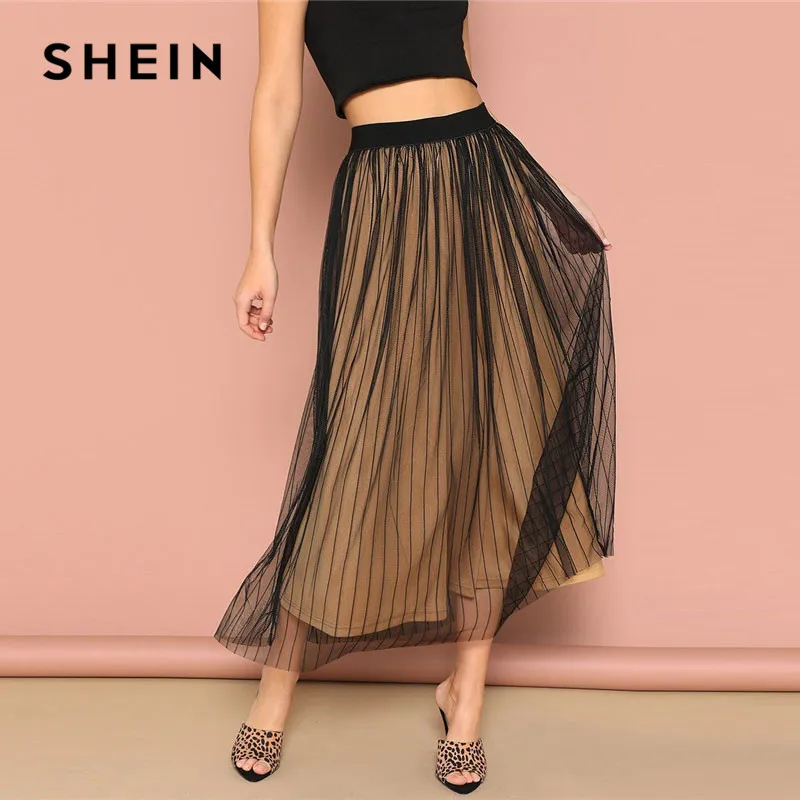 SHEIN Сетчатая Юбка В Полоску С Эластичной Талией Женская Весенняя Повседневная Трапециевидная Прозрачная Миди Юбка