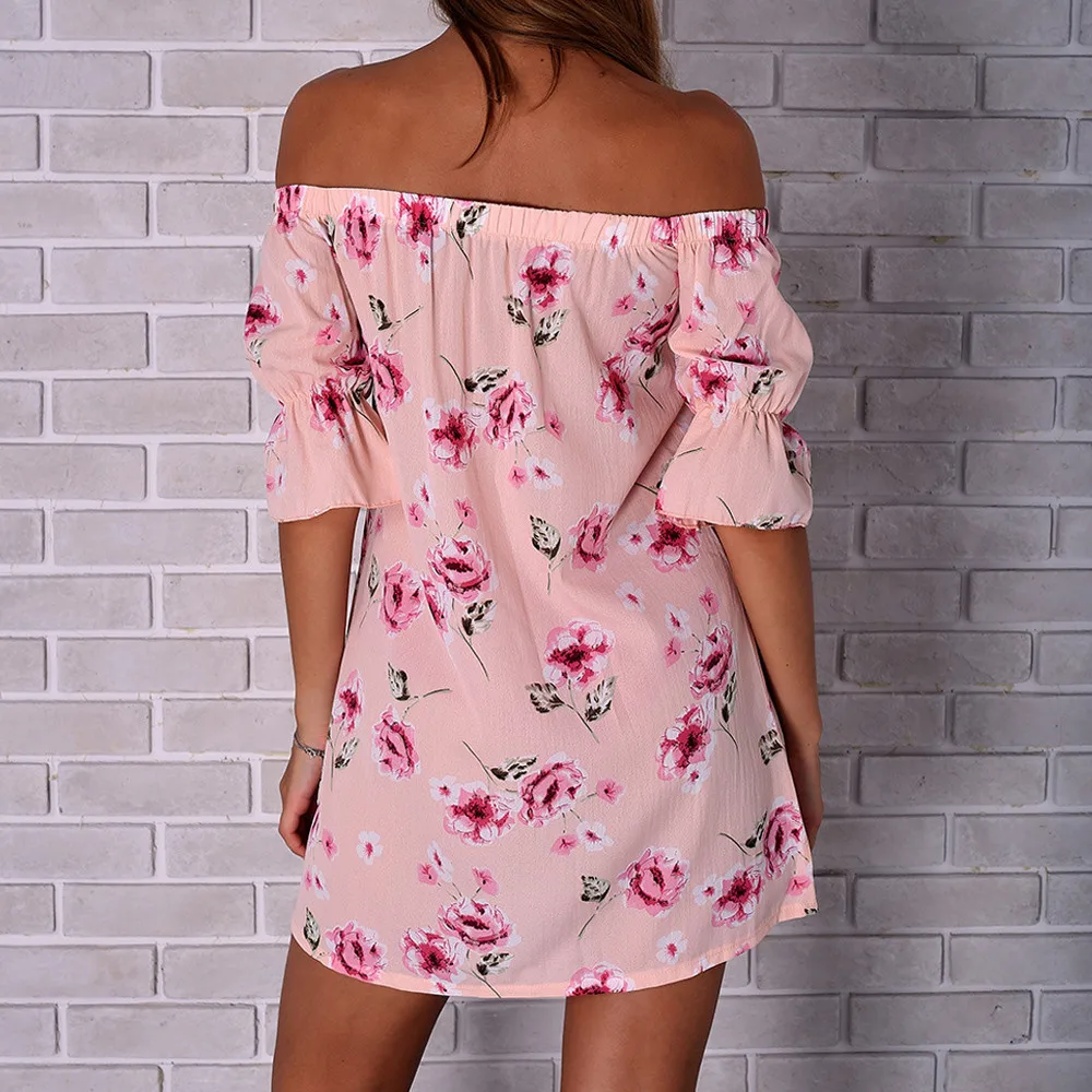 Boho печати короткое платье Сарафан Женские повседневные короткий рукав с