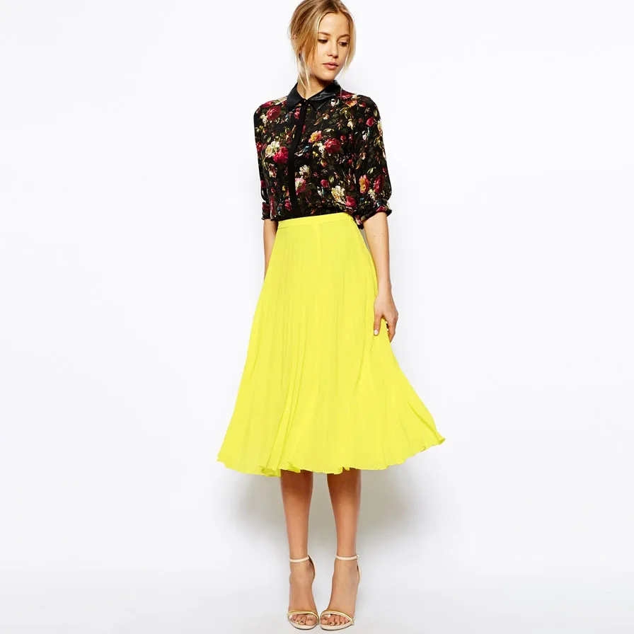 

Elegant Lemon Yellow Tea Length Chiffon Skirts 2018 Femme Saias Fashion Elegant Pleated Mid Calf Skirt Women Zipper Custom Made