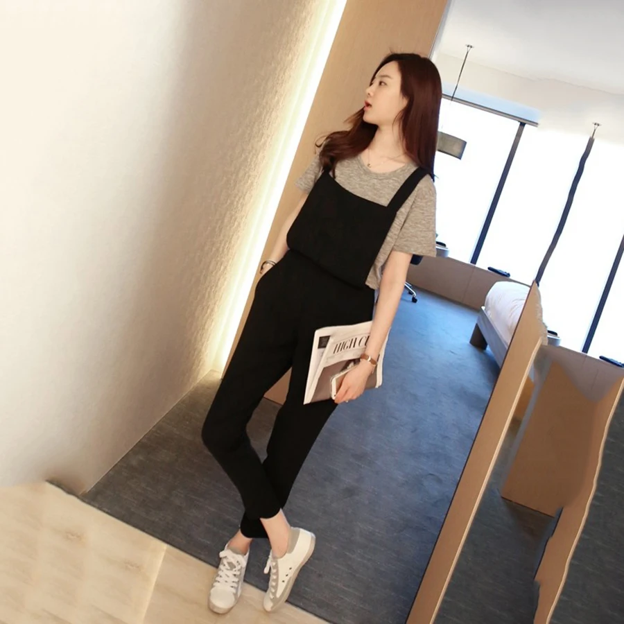 Летний комбинезон женский длинный черный уличная одежда Rave корейский стиль