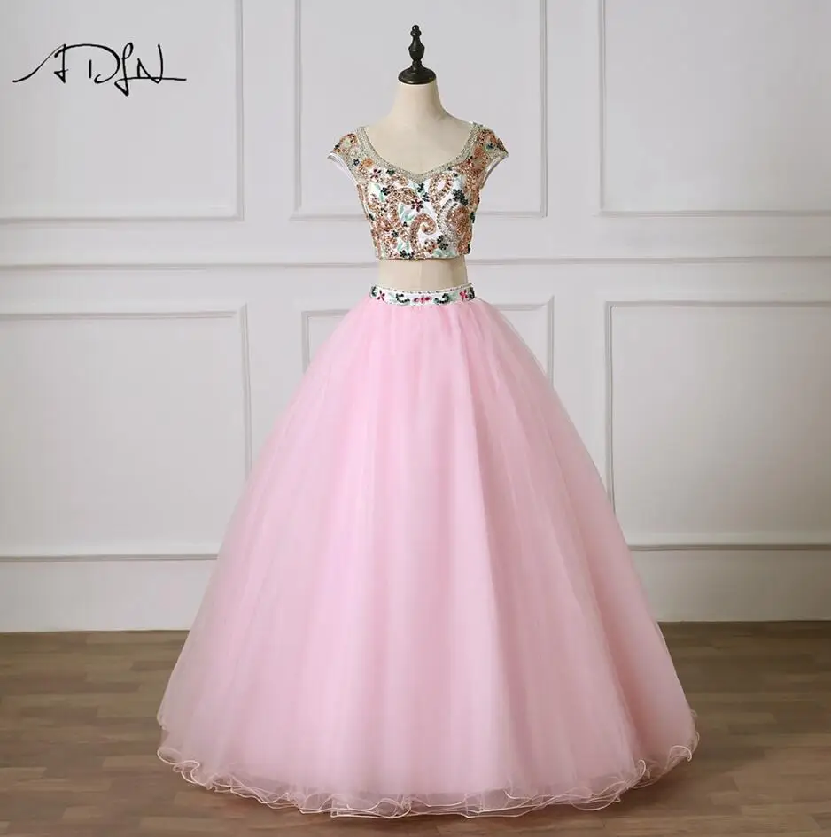 Розовый ADLN Двойка розовые платья Quinceanera v-образным вырезом Кепки рукавом бальное платье для светской львицы для выпускного вечера Vestidos De 15 Anos - Цвет: Розовый