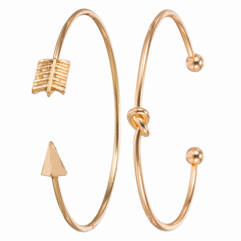2 шт./набор, винтажный браслет с закрученными манжетами, Открытый браслет, браслеты для женщин, простой золотистый браслет с Завязанными стрелками, ювелирное изделие, женский подарок