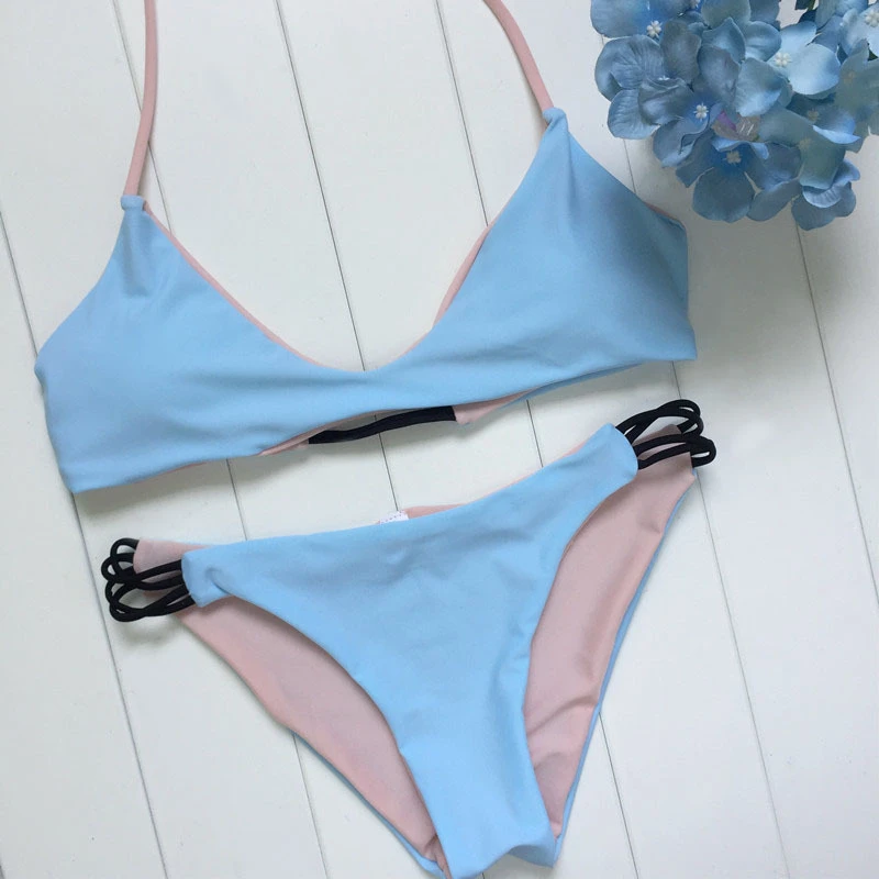 2019 Сращивание бикини женский синий Холтер Бандажное с заниженной талией