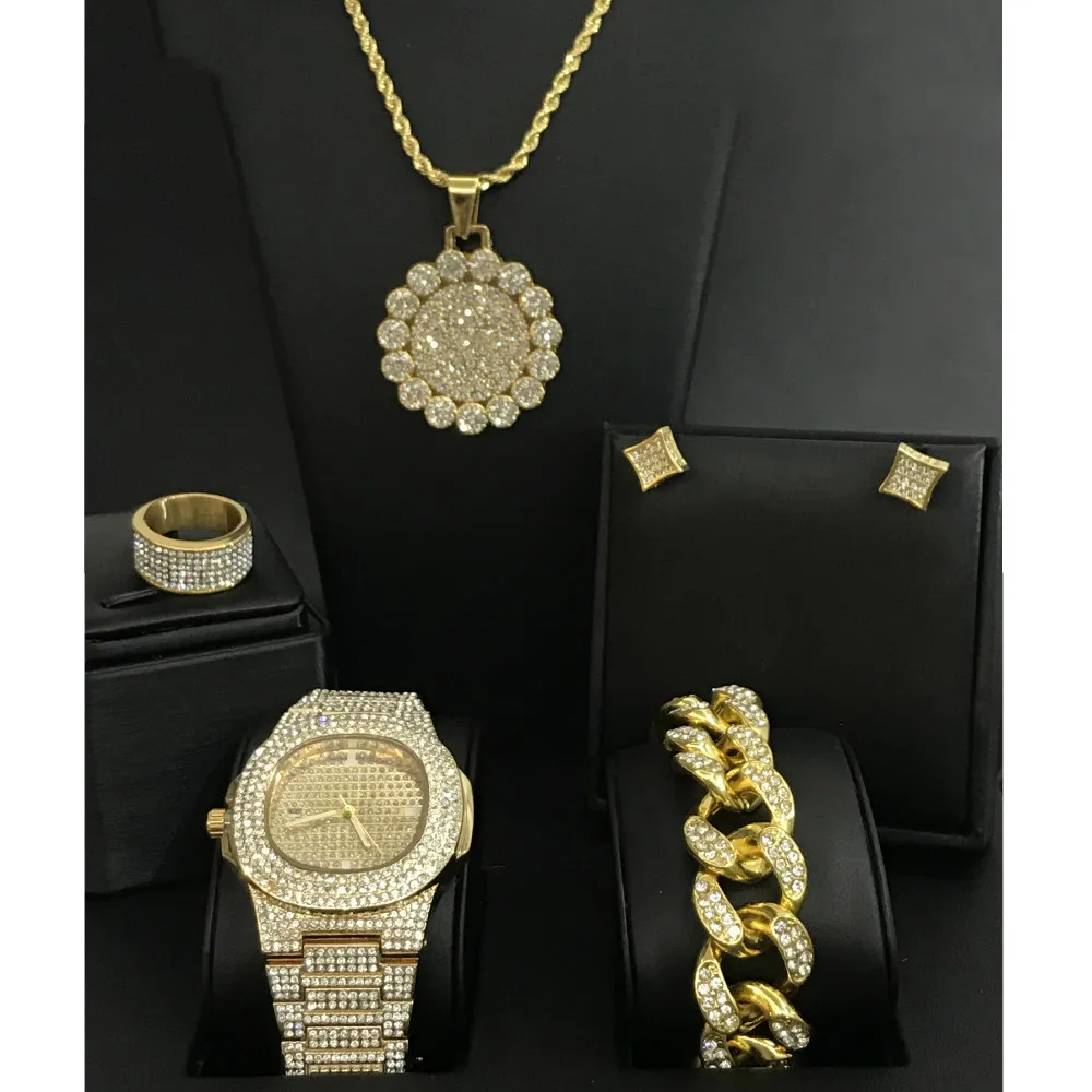 Роскошные мужские золотые часы в стиле хип-хоп ожерелье браслет серьги и кольцо