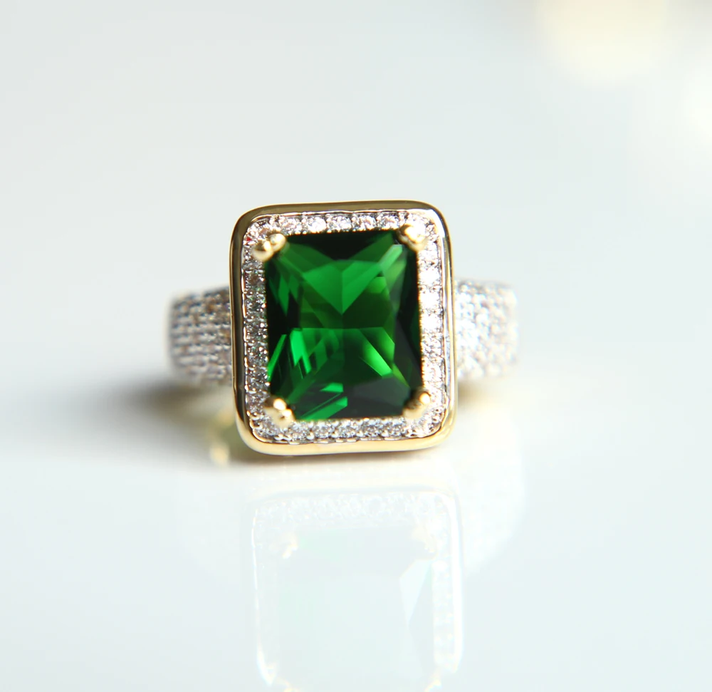 

2017 high quality green cubic zirconia full lab cz micro pave fashion gold color mens jewelry ring