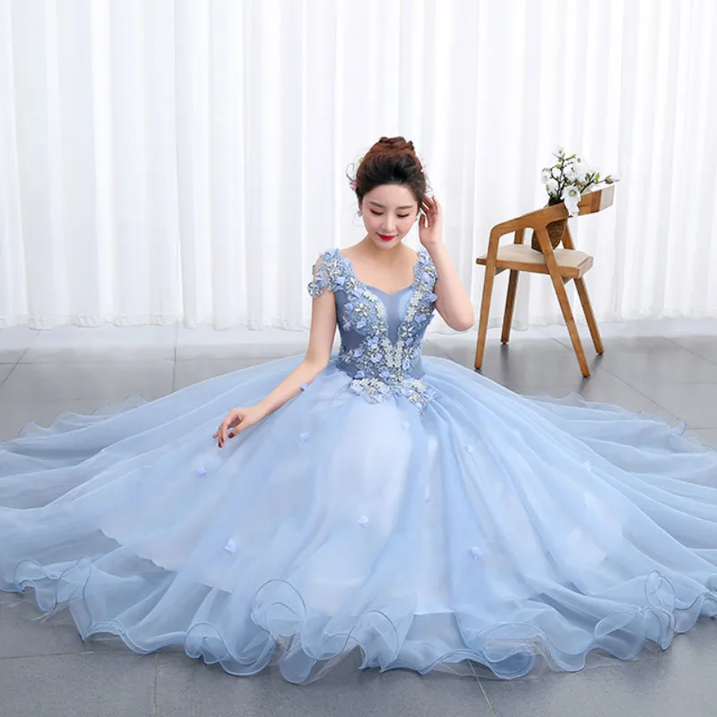 Вечернее платье Элегантное синее бальное с круглым вырезом короткими рукавами