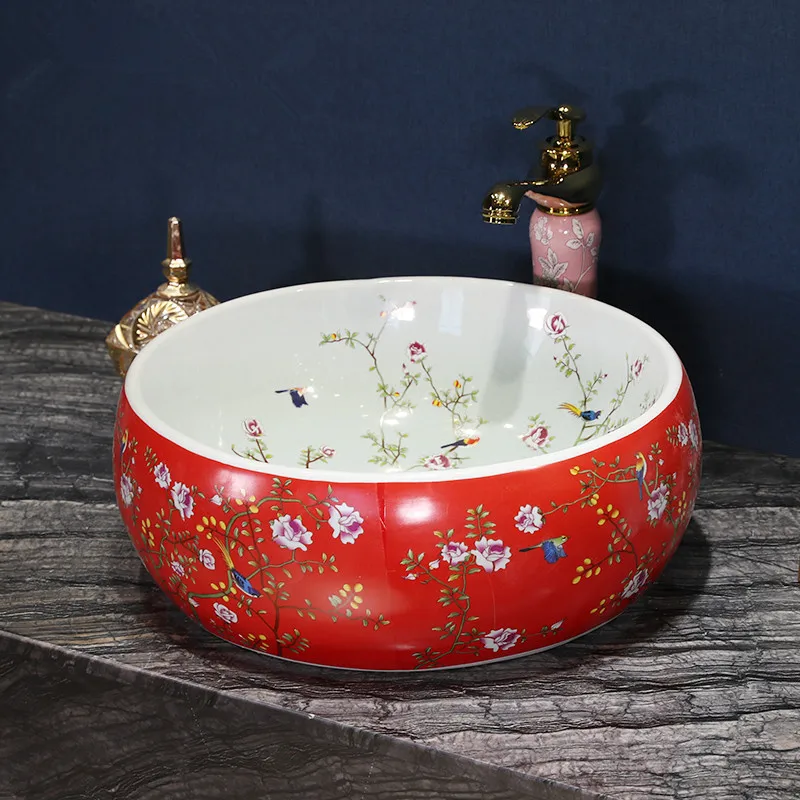 China Artistic Glazed Flowers and bird Porcelain Art Bathroom Sink Lavabo Washbasin counter top countertop washbasin | Обустройство