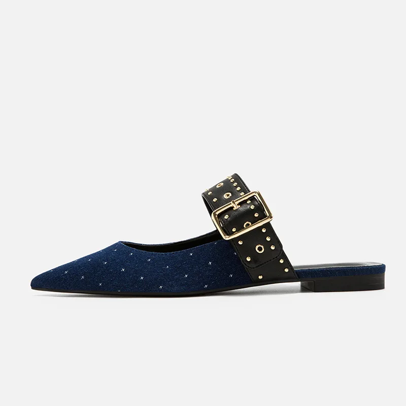 Blue Mules Г., летние туфли без задника с заклепками в стиле панк женские сандалии на плоской подошве с острым носком женские кожаные сандалии без задника с шипами - Цвет: Blue Mules