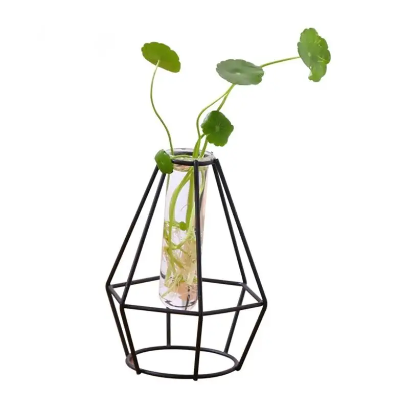 Маленький размер стильная прозрачная стеклянная трубка ваза с железной