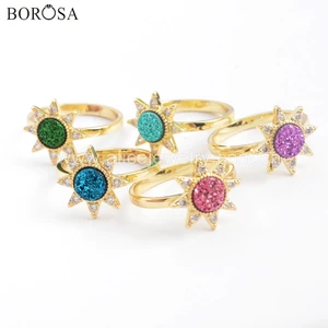 BOROSA 6pcs Rainbow Druzy Rings Gold Bezel CZ Micro Pave Crystal Star 7mm Round Gems Ring Jewelry ZG0388