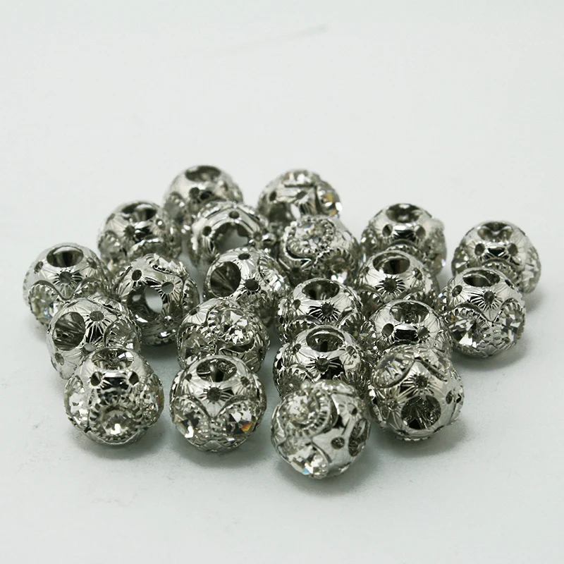 

10mm Round Ball Rhodium Rhinestone Hollow Ball Spacer European Beads Fit European Bracelet