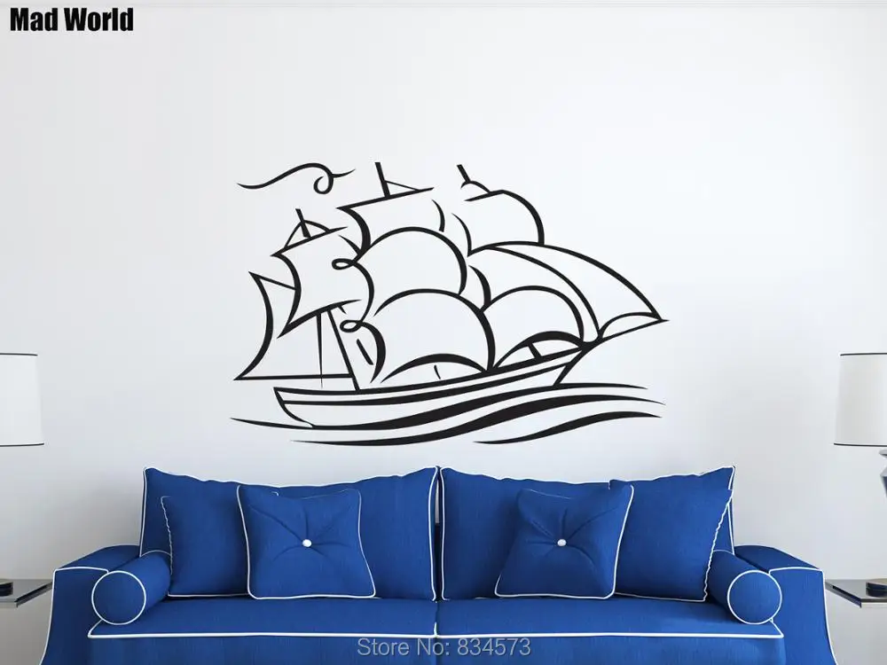 Безумный мир корабль лодка море СИЛУЭТ Wall Art Наклейки на стены дома DIY украшения