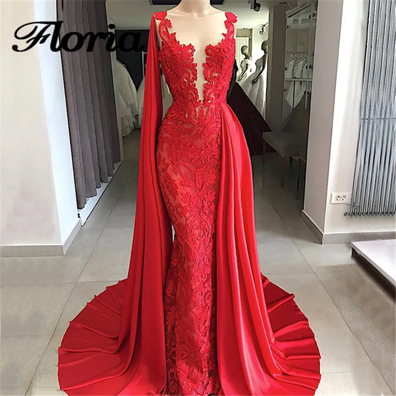 

Arabic Red Lace Evening Dresses 2018 Aibye Muslim Luxury Formal Tulle Long Party Dress Turkish Prom Kaftans Gowns Robe de soiree