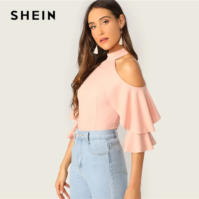 SHEIN элегантный пастельный розовый гофрированный Холтер с открытыми плечами, многослойный топ с расклешенными рукавами, блузка, женские весенние облегающие Сексуальные вечерние блузки