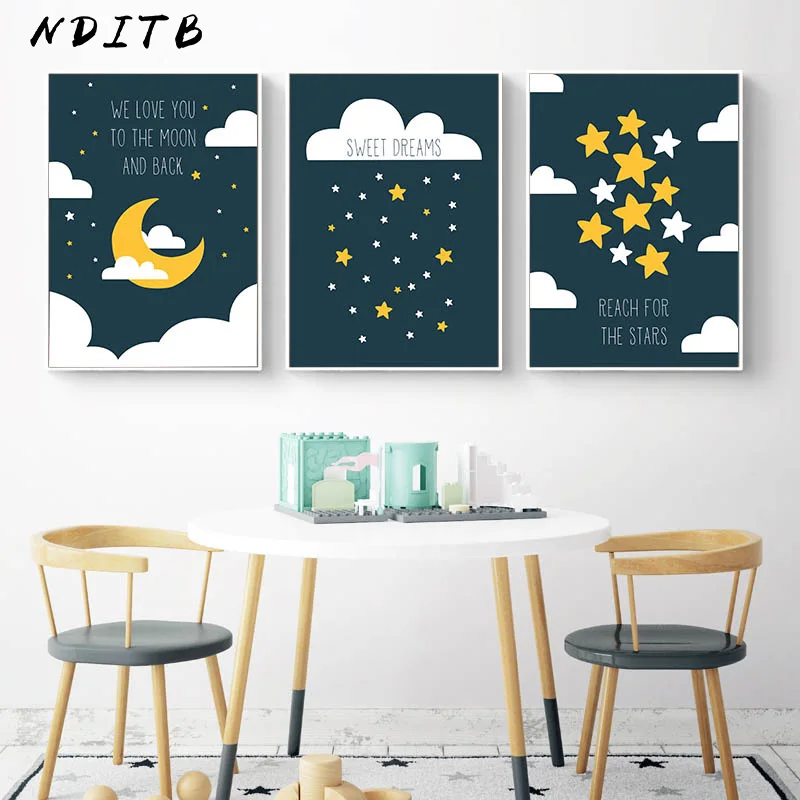 Children Poster Moon Star Nursery Quotes Print Minimalist Wall Art Canvas Painting Nordic Baby Kid Bedroom Decoration Picture | Дом и сад