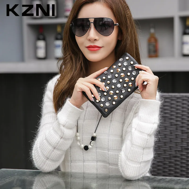 KZNI кожаные женские кошельки и Длинный кошелек для женщин с молнией клатчи на