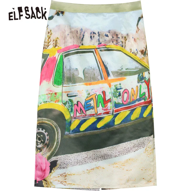 

ELFSACK Vintage Print Women Skirts Autumn Fashion Mid Waist A-Line Female Mid-Calf Skirt Streetwear Casual Office Lady Clothing