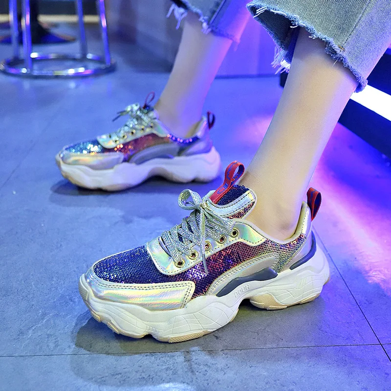 Модная женская обувь с блестками на плоской подошве круглым носком кроссовки Mujer