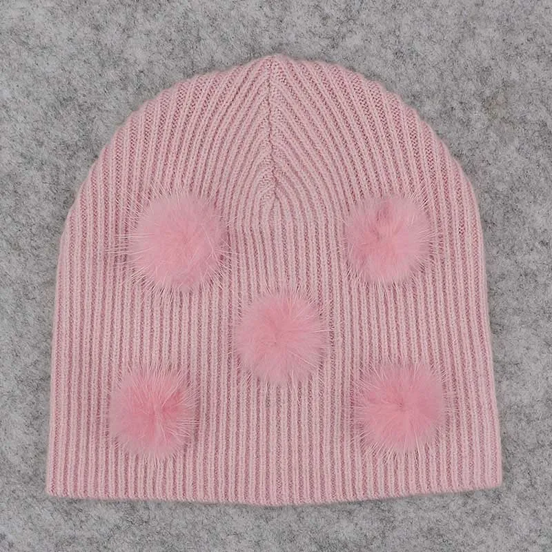 pink 2 Милая Мягкая шерстяная шапка с меховым помпоном из настоящей норки, шапки для маленьких мальчиков и девочек, детские осенне-зимние вязаные шапки Skullies в рубчик для новорожденных - Цвет: pink 2