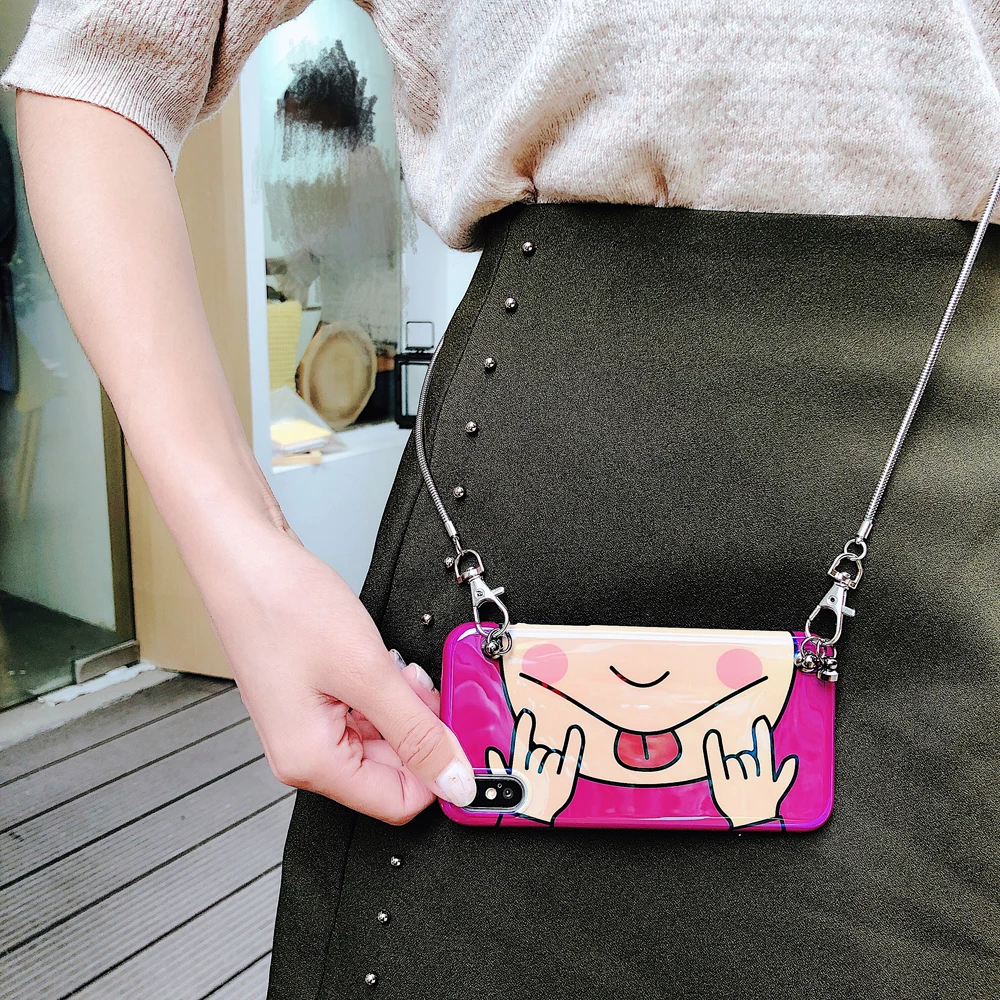 Luxury Blue light Funny Smiling Face Messenger Chain Bag Soft TPU Phone Case For iPhone6 7 8 Plus X XS Max XR Cover |