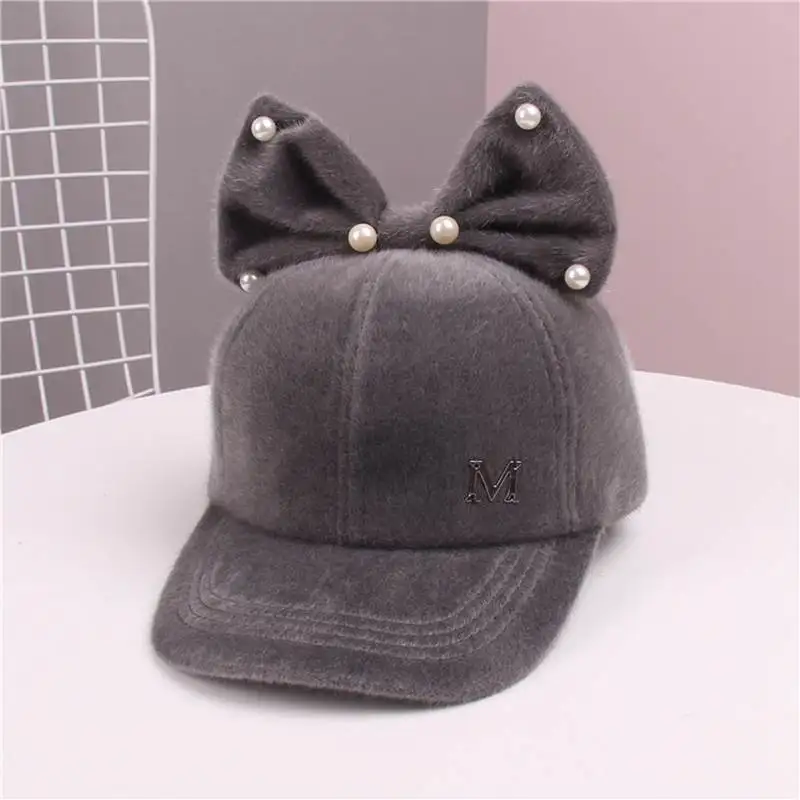 velvet gray Осенне-зимняя бархатная Детская кепка с милыми заячьими ушками, жемчугом и большим бантом для девочек, детская бейсбольная кепка, бейсболка в стиле хип-хоп - Цвет: velvet gray