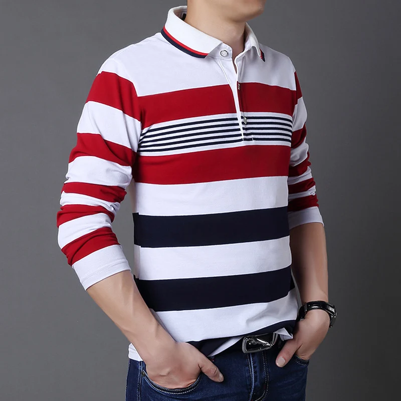 Plus Size M-5XL Men's Stripe Long Sleeve T-Shirt Stand Collar Male Slim Fit New Cotton Tops Tees Causal T-shirt Clothes | Мужская