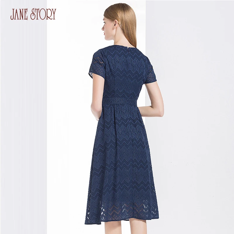 Jane Story 2018 Summer Women Dress O Neck Chiffon Jacquard Flower Elegant Short Sleeve Mid-Calf Office Lady Female | Женская одежда