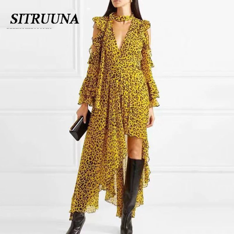 Женское платье с открытыми плечами асимметричным подолом и оборками|Женские