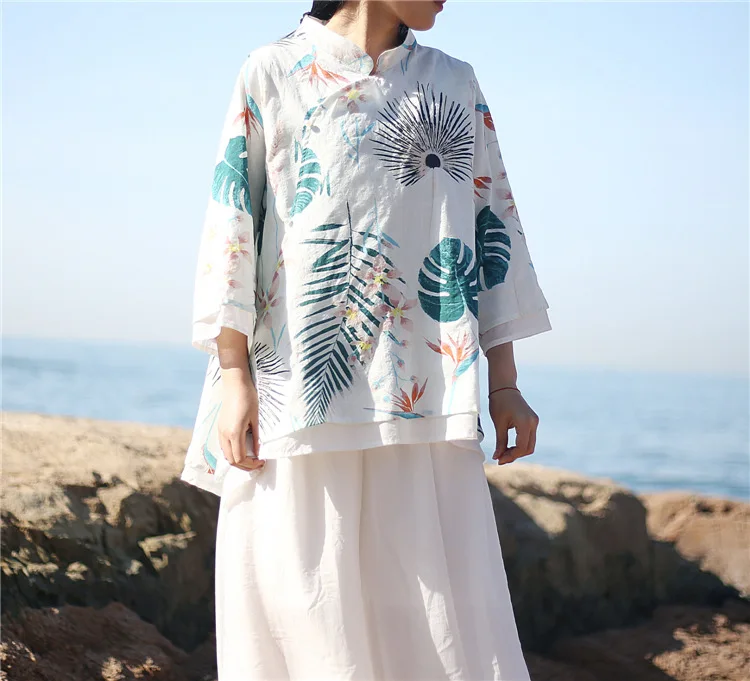 Винтажная льняная рубашка с зеленым листом и цветочным принтом