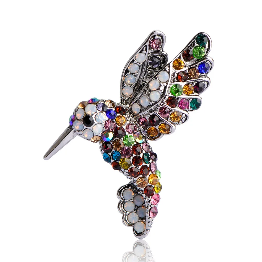 Винтажная бижутерия брошь серебряного цвета с кристаллами в виде птицы букетик