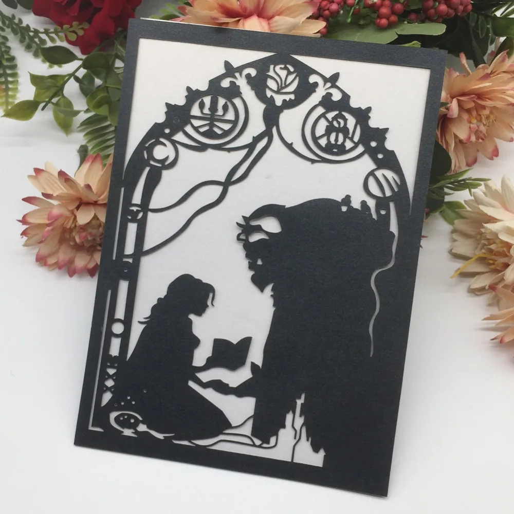 40 шт./лот синий красавица чудовище мультфильм приглашение жемчужная карта на