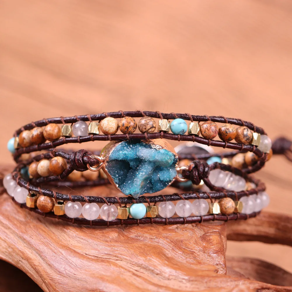 Прямая поставка натуральные камни бусы 3 нити браслеты ручной работы в стиле бохо