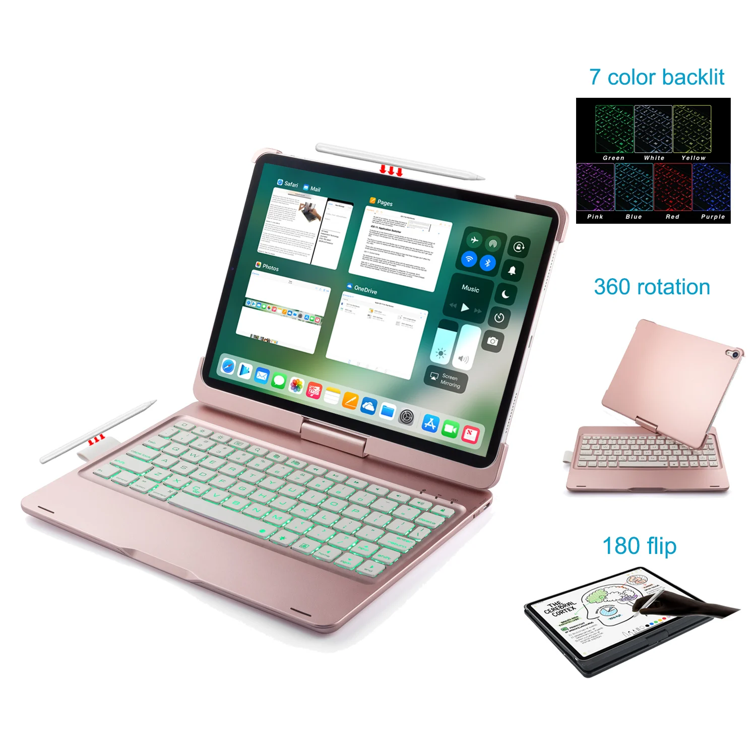 Rose gold iPad Pro 11 дюймовый чехол-клавиатура с bluetooth беспроводной подсветкой клавиш, лучший умный тонкий Чехол-книжка чехол для клавиатуры - Цвет: Rose gold
