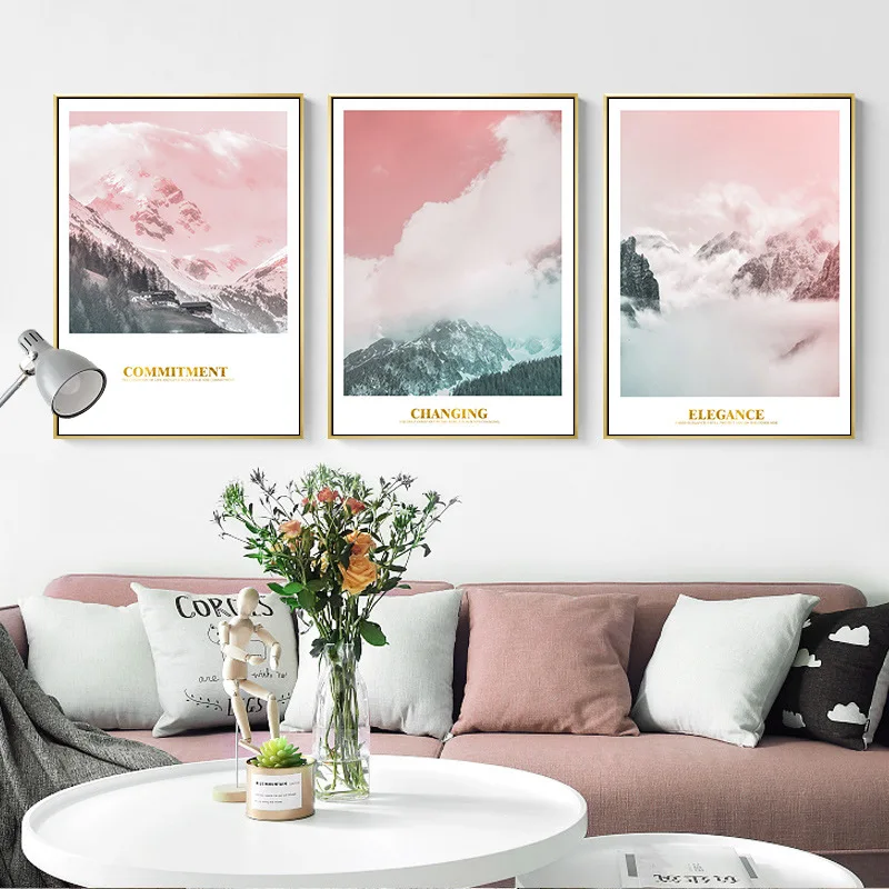 Скандинавский стиль розовый снег гора растения дерево небо пейзаж Живопись