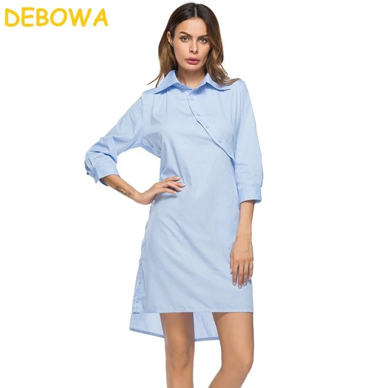 Debowa 2018 новое осеннее платье женское Полосатое платье-рубашка с наклонной пряжкой