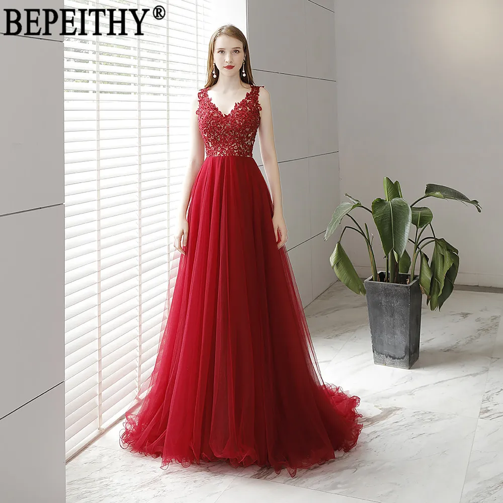 BEPEITHY, Vestidos De Gala Largos, Новое поступление, торжественное платье, бордовое, тюль, v-образный вырез, аппликация, бисер, Длинные вечерние платья