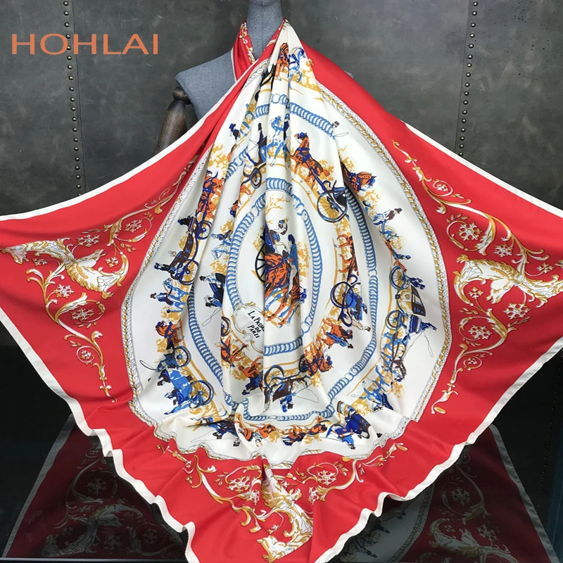 Twill Silk Square Scarf Spain Horse Print Neckerchief Original Design Euro Carriage Foulard Hijab Silk Shawls Wrap Female Scarf
