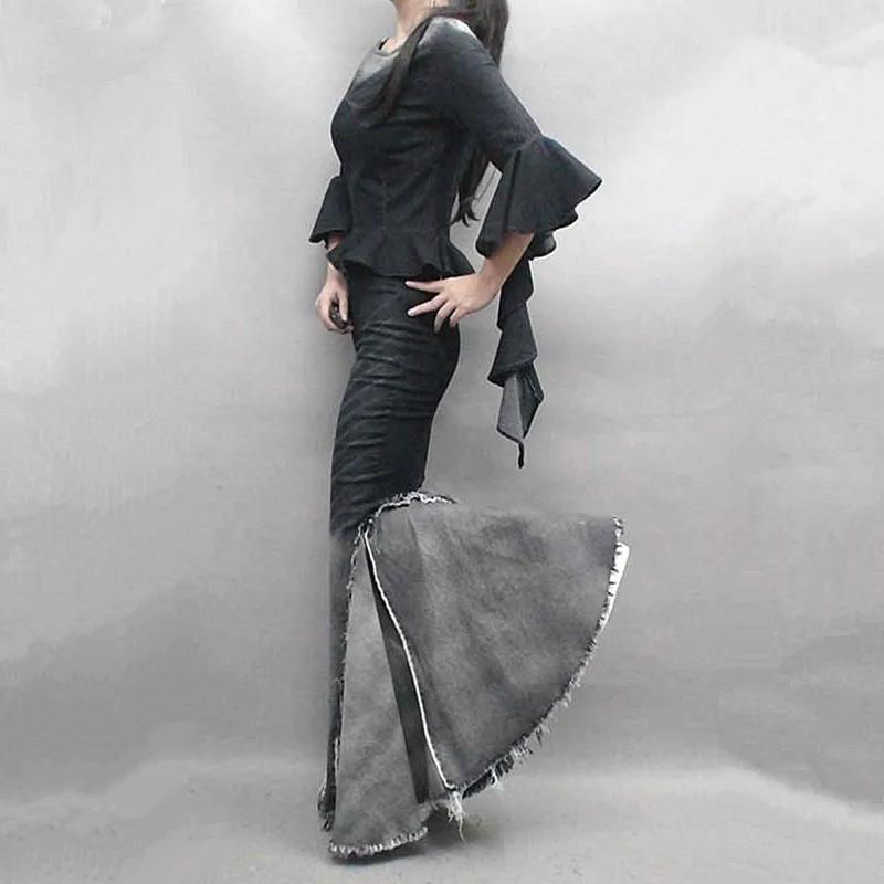 Бесплатная доставка 2018 новый черный длинное Длина деним Винтаж юбки для женщин