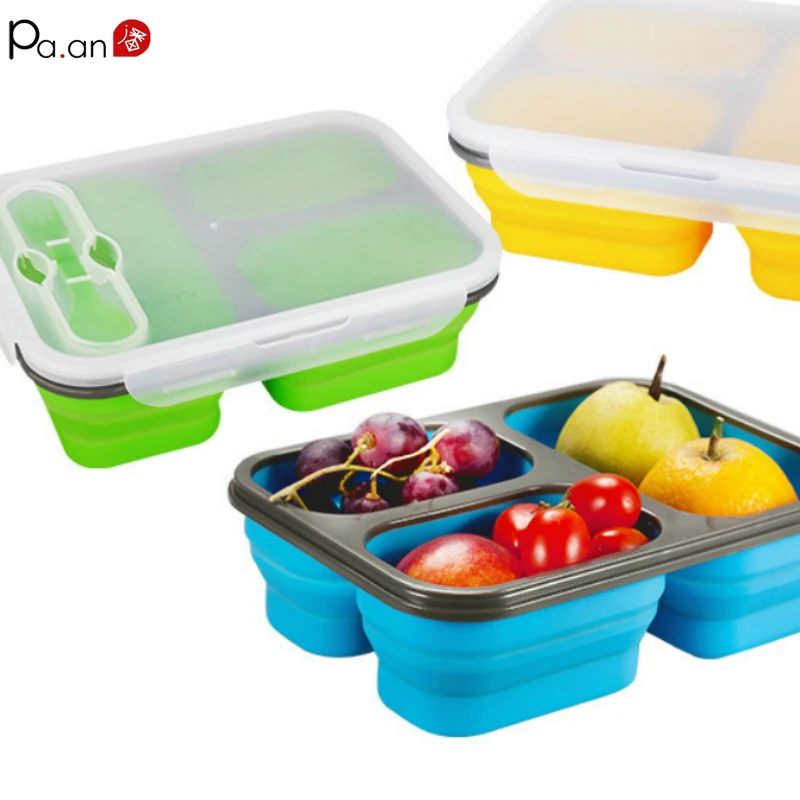 Силиконовый Ланч-бокс с вилкой, СВЧ, складной, для офиса, для детей, Bento Tiffin, портативный, большая емкость, 3 сетки, контейнер для еды, приготовление еды