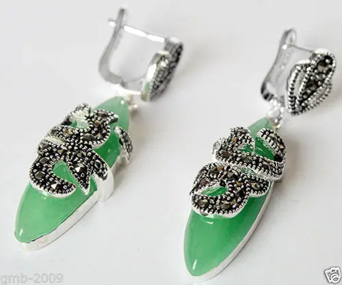 

VINTAGE 925 STERLING SILVER NATURAL GREEN Quartzite stone MARCASITE EARRINGS