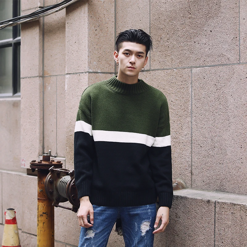Patchwork knit sweater korean men fashion clothing mens pullover sweaters erkek kazak pull homme black green grey pink | Мужская одежда