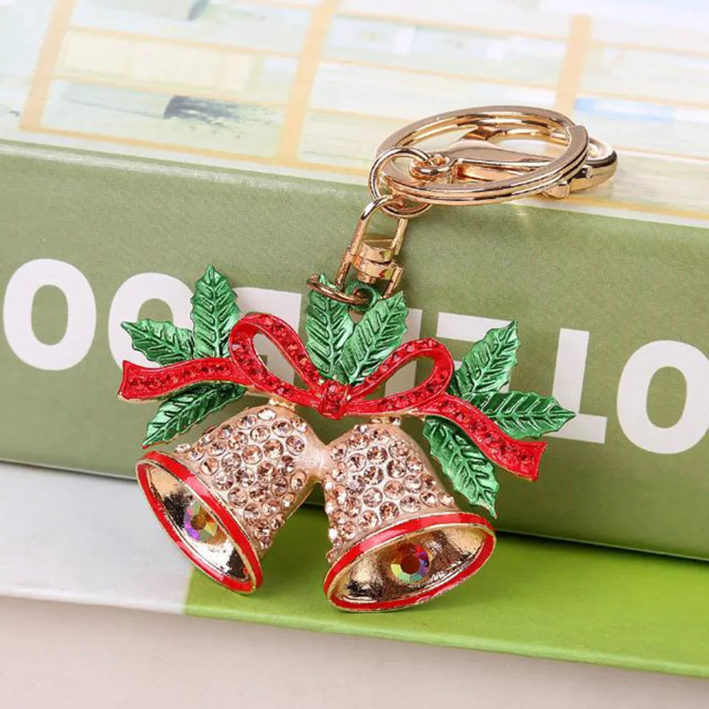 Doreen Box Keychain Christmas Bell Gold Color Green Bowknot Champagne Rhinestone Enamel 10.7cm(4 2/8&quot) x 6.4cm(2 4/8&quot) 1 Piece |